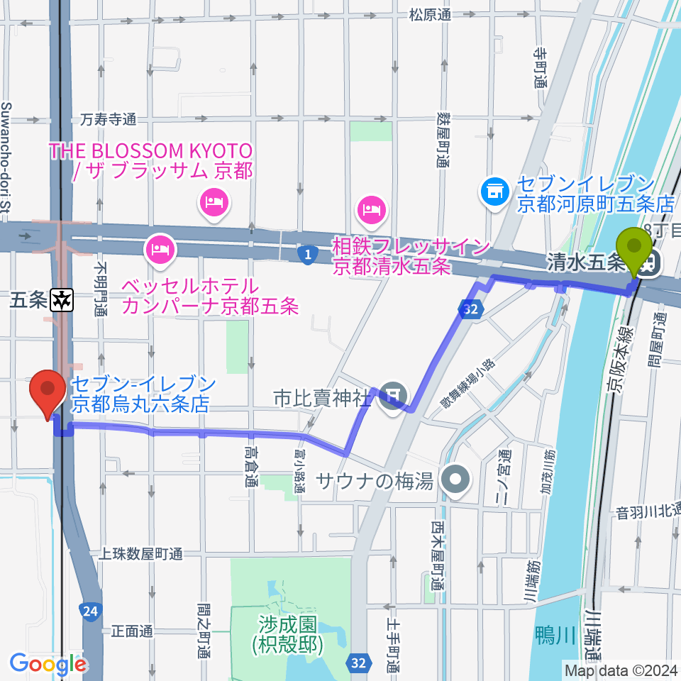 清水五条駅から京都 カノン音楽院へのルートマップ地図