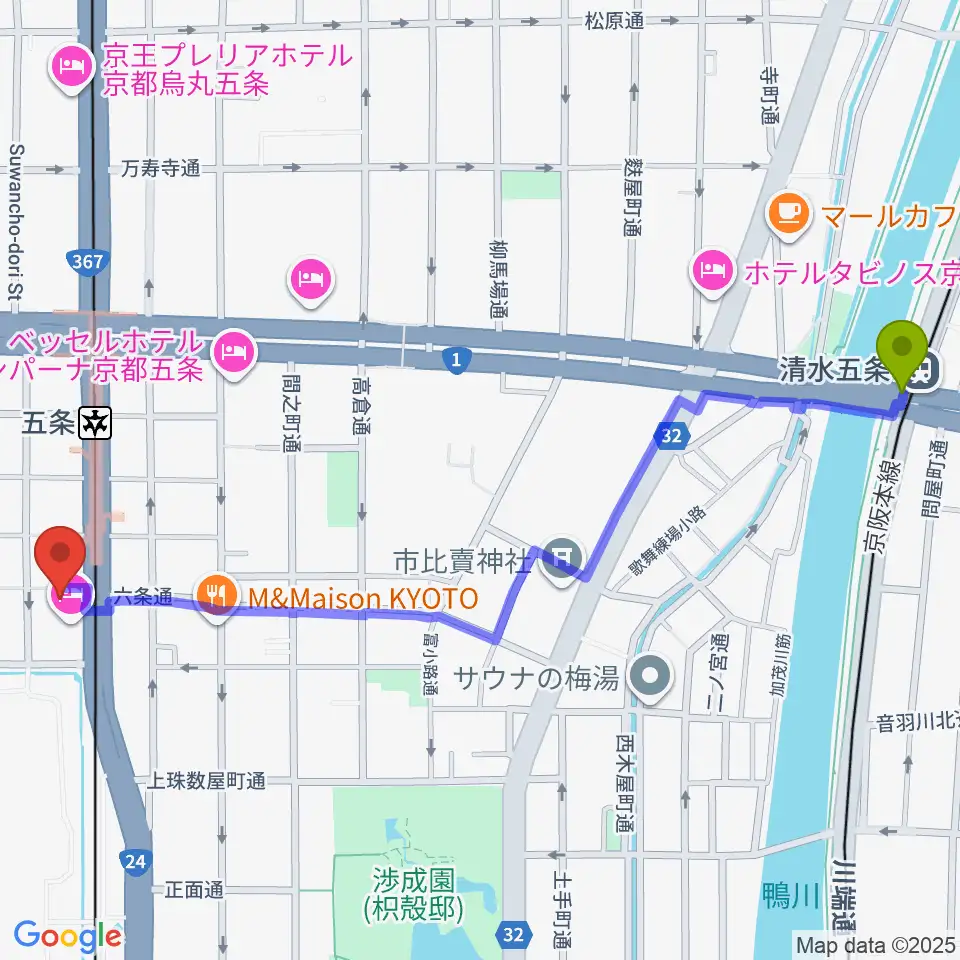 清水五条駅から京都 カノン音楽院へのルートマップ地図
