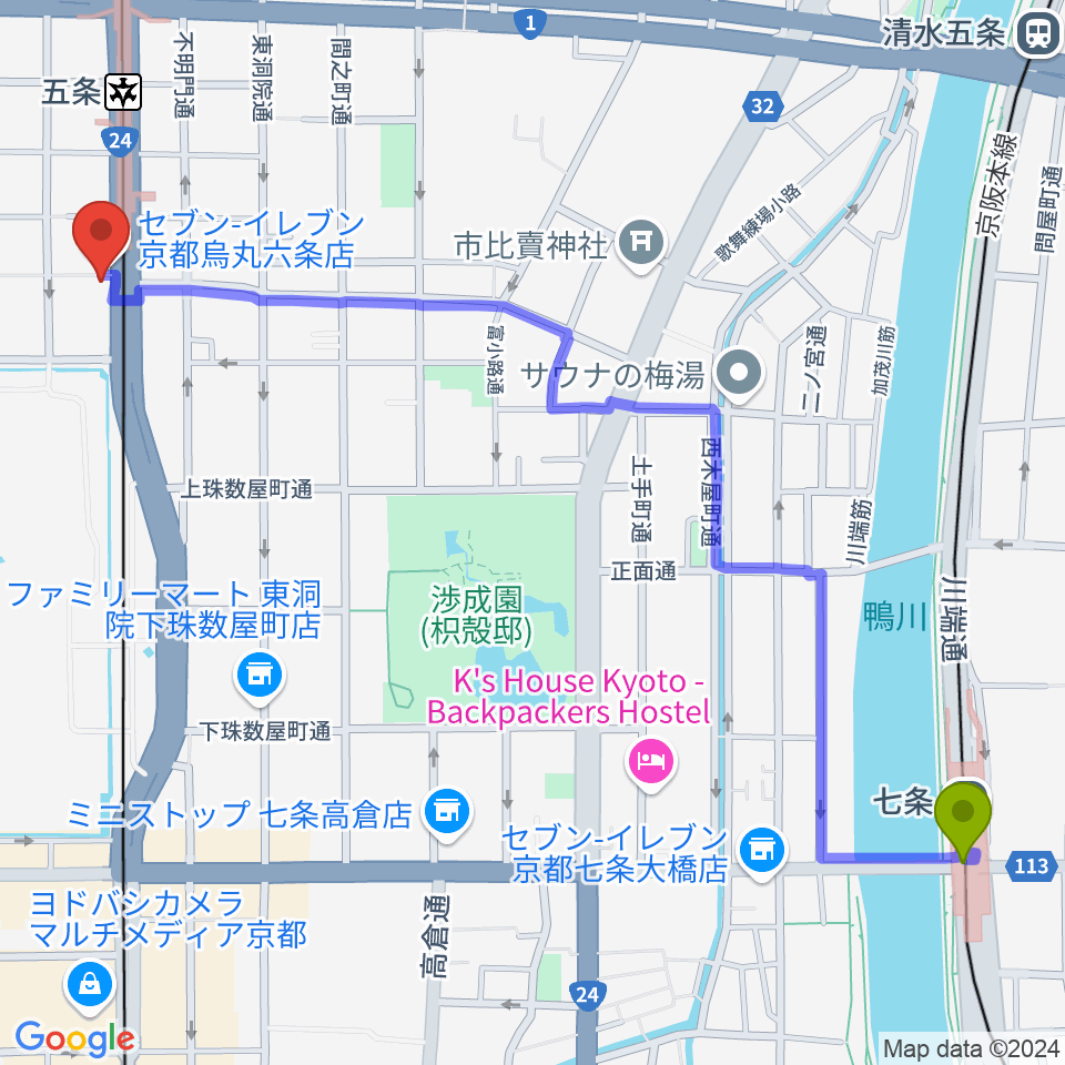 七条駅から京都 カノン音楽院へのルートマップ地図