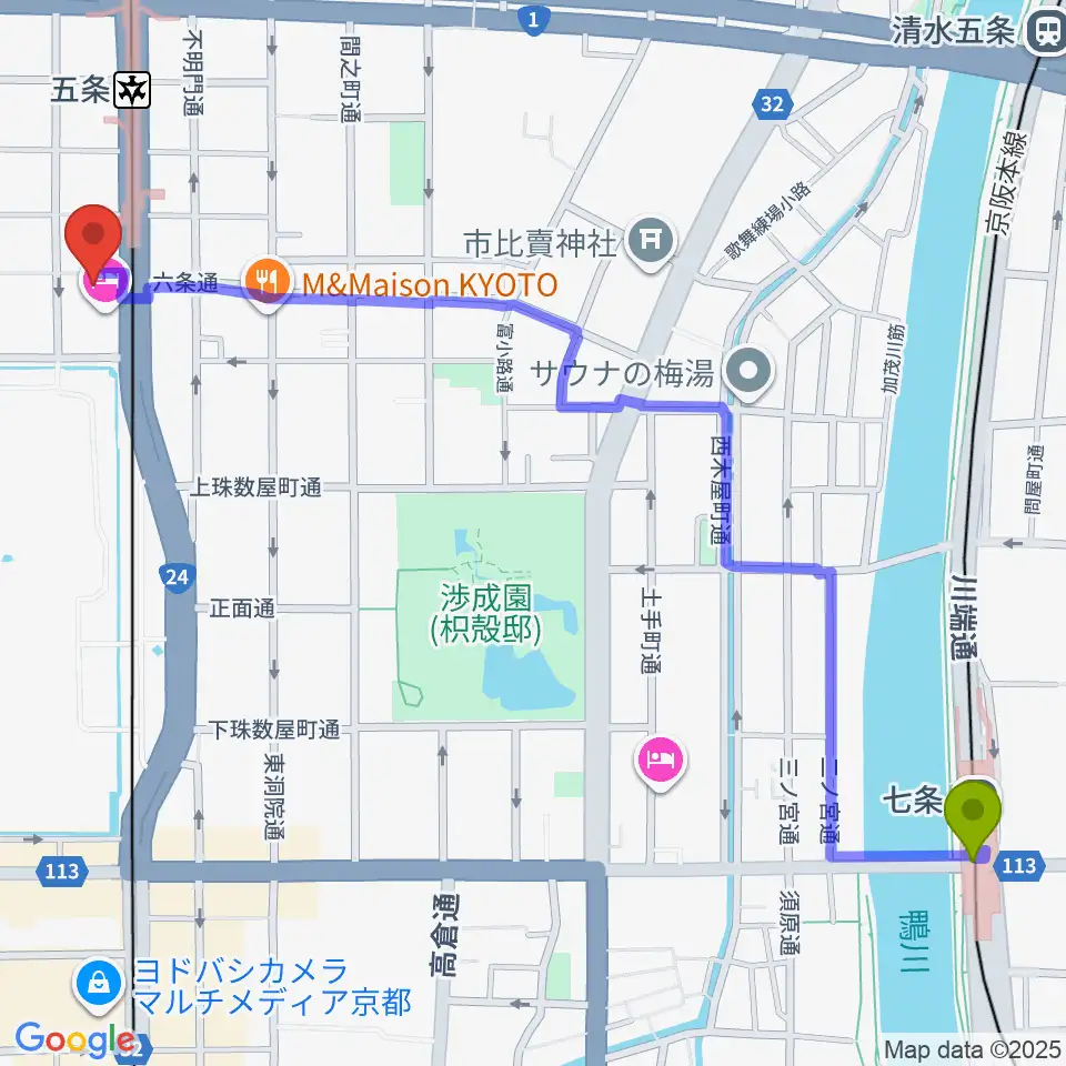七条駅から京都 カノン音楽院へのルートマップ地図