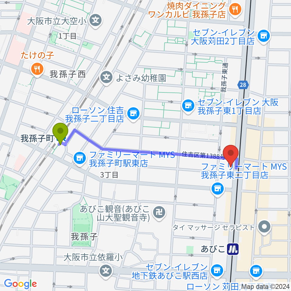 我孫子町駅からLive Bar BEAT INへのルートマップ地図