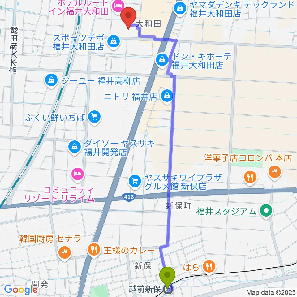 MPC大和田の最寄駅越前新保駅からの徒歩ルート（約27分）地図