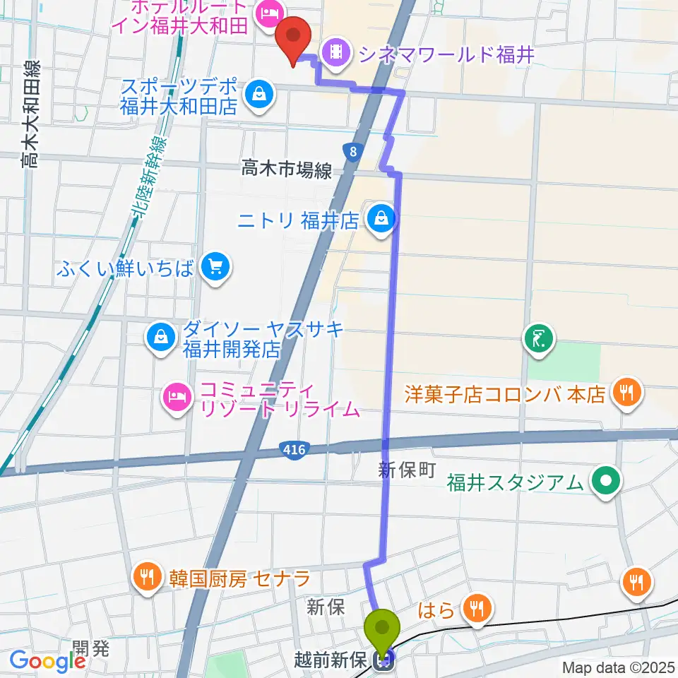 MPC大和田の最寄駅越前新保駅からの徒歩ルート（約27分）地図