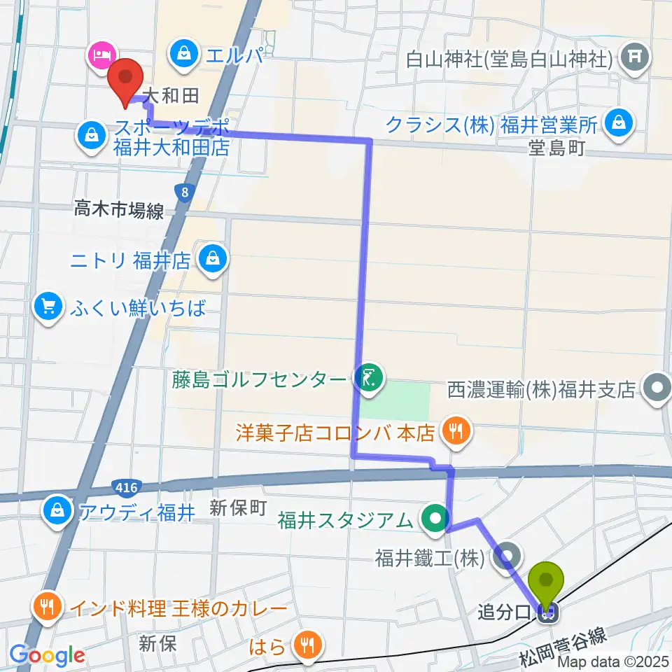追分口駅からMPC大和田へのルートマップ地図