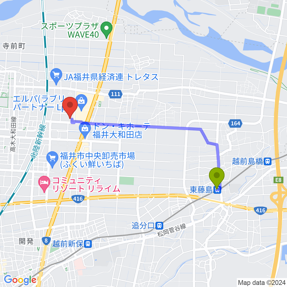 東藤島駅からMPCエルパプラスセンターへのルートマップ地図