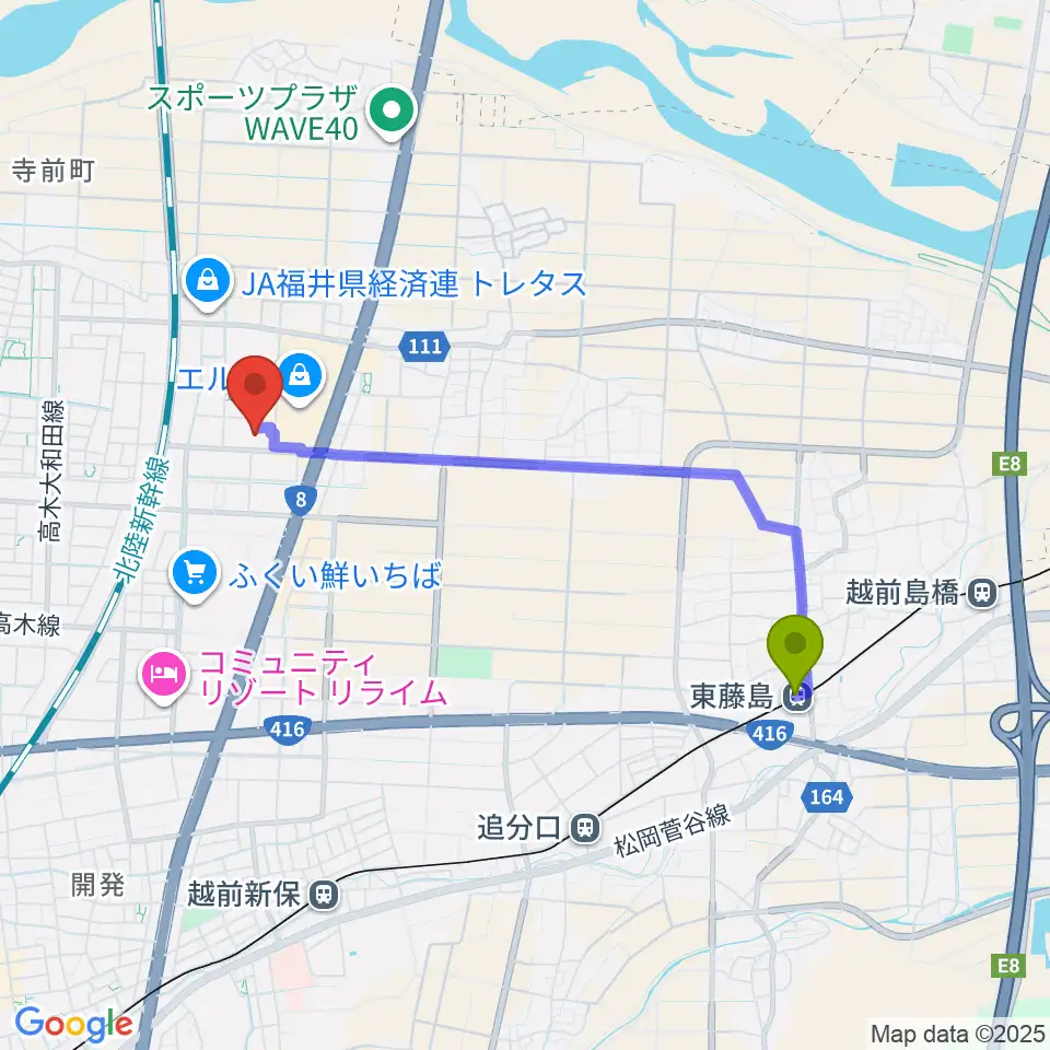 東藤島駅からMPC大和田へのルートマップ地図