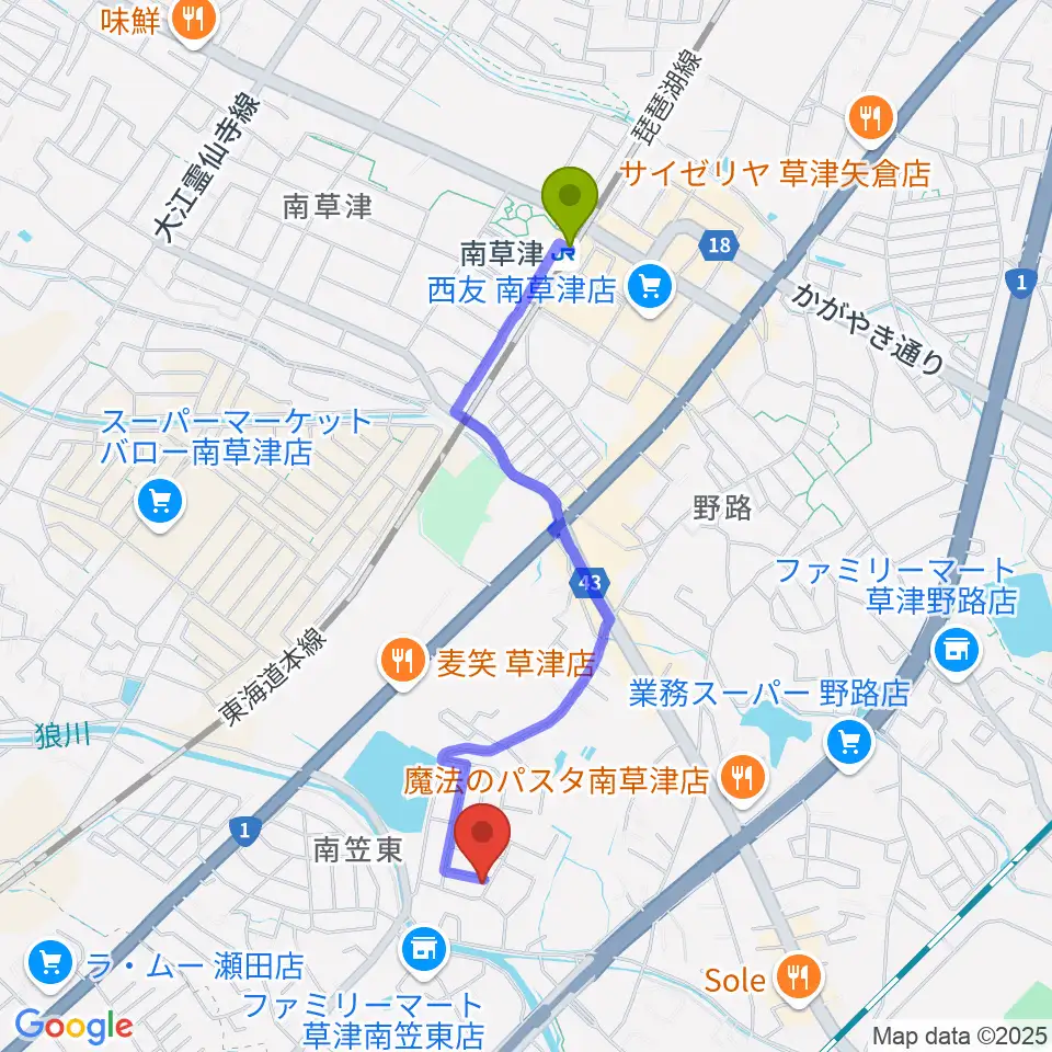 ゆりの会音楽教室の最寄駅南草津駅からの徒歩ルート（約19分）地図