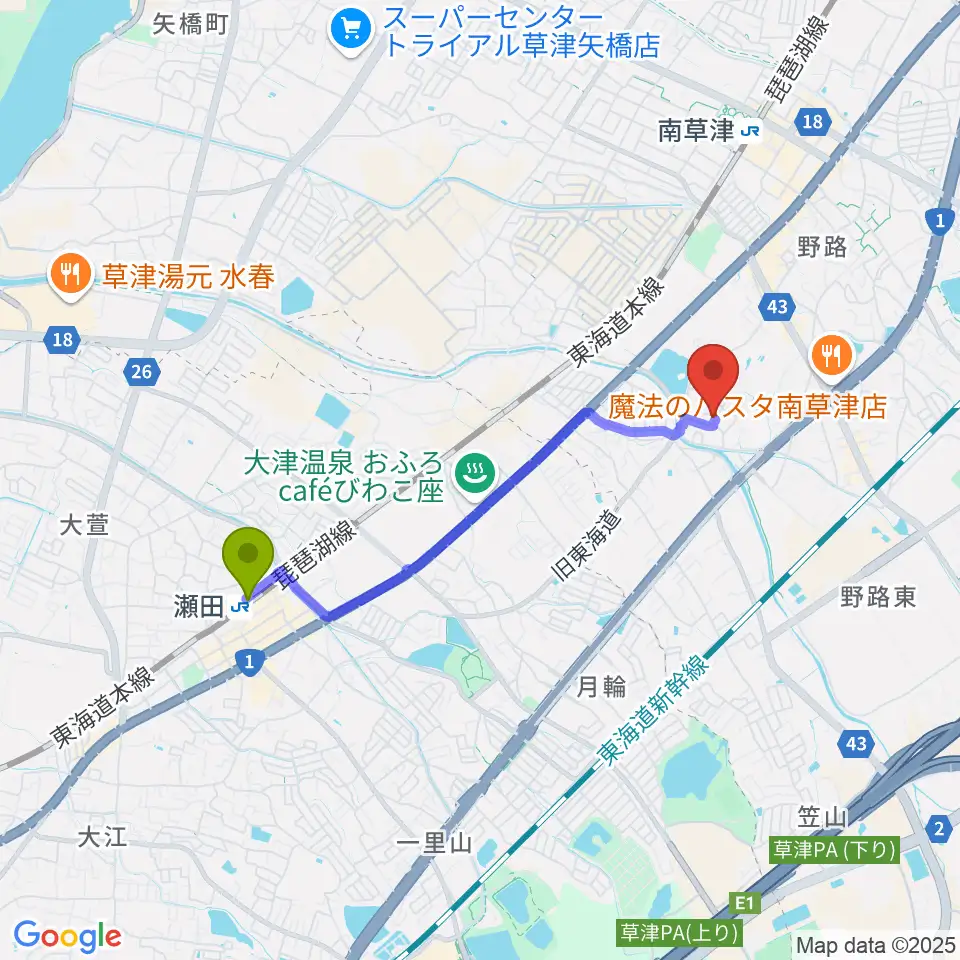 瀬田駅からゆりの会音楽教室へのルートマップ地図