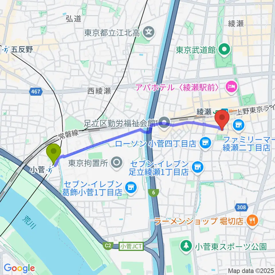 小菅駅からカノン音楽教室 綾瀬教室へのルートマップ地図