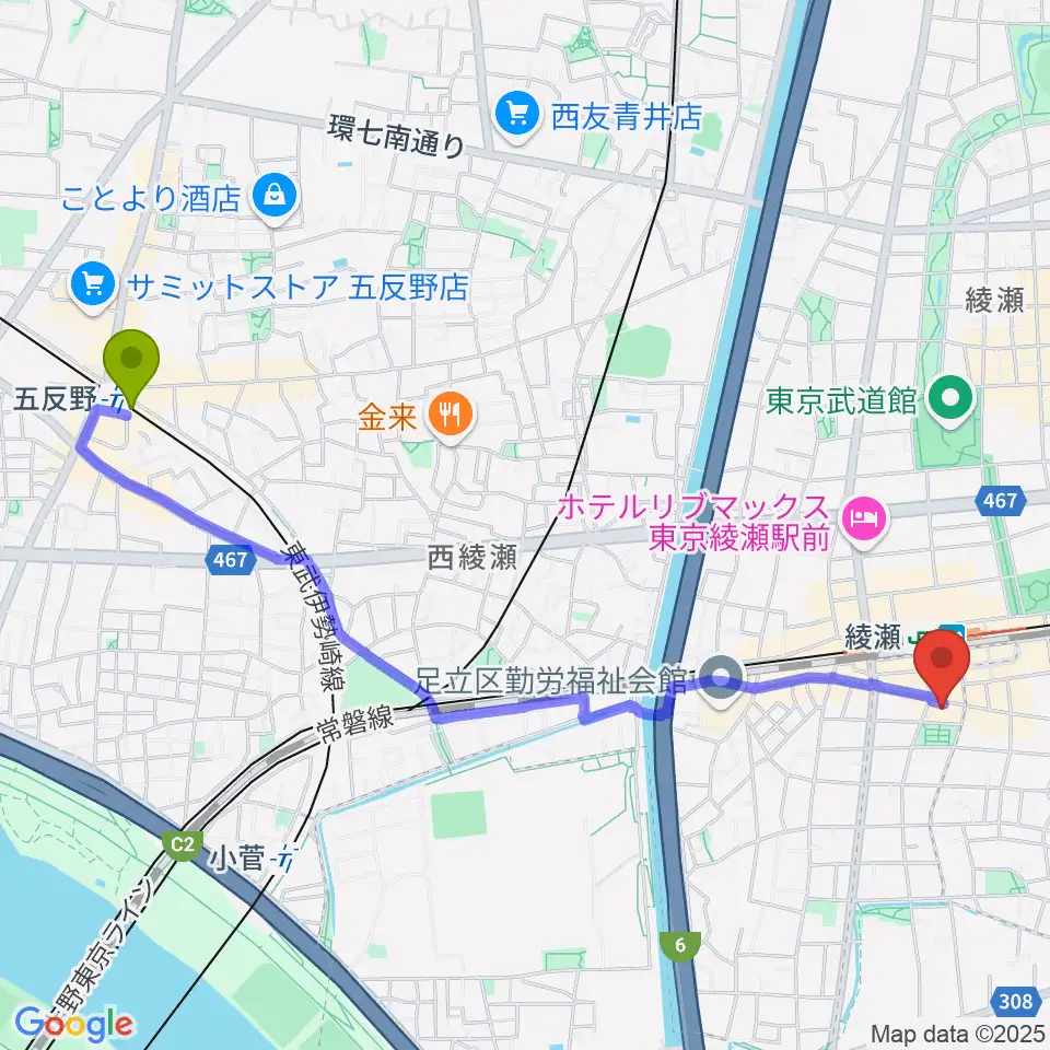 五反野駅からカノン音楽教室 綾瀬教室へのルートマップ地図