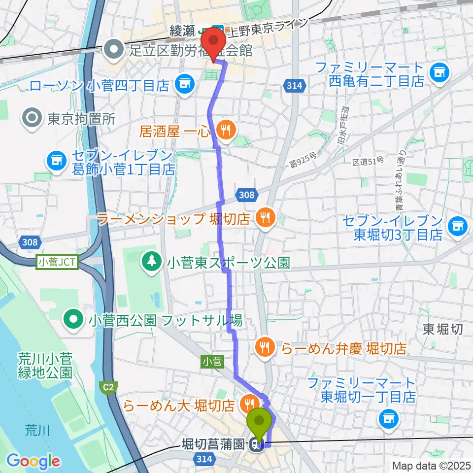 堀切菖蒲園駅からカノン音楽教室 綾瀬教室へのルートマップ地図