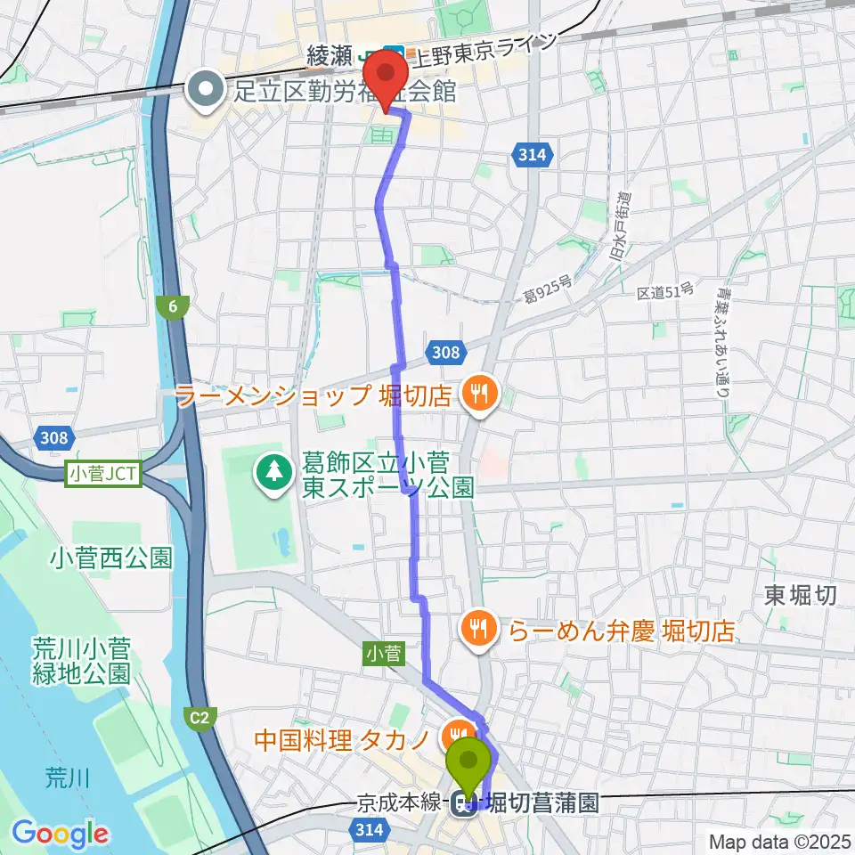 堀切菖蒲園駅からカノン音楽教室 綾瀬教室へのルートマップ地図