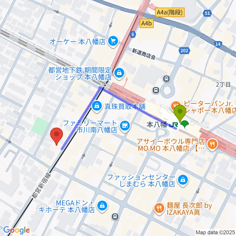 カノン音楽教室 本八幡校の最寄駅本八幡駅からの徒歩ルート（約4分）地図