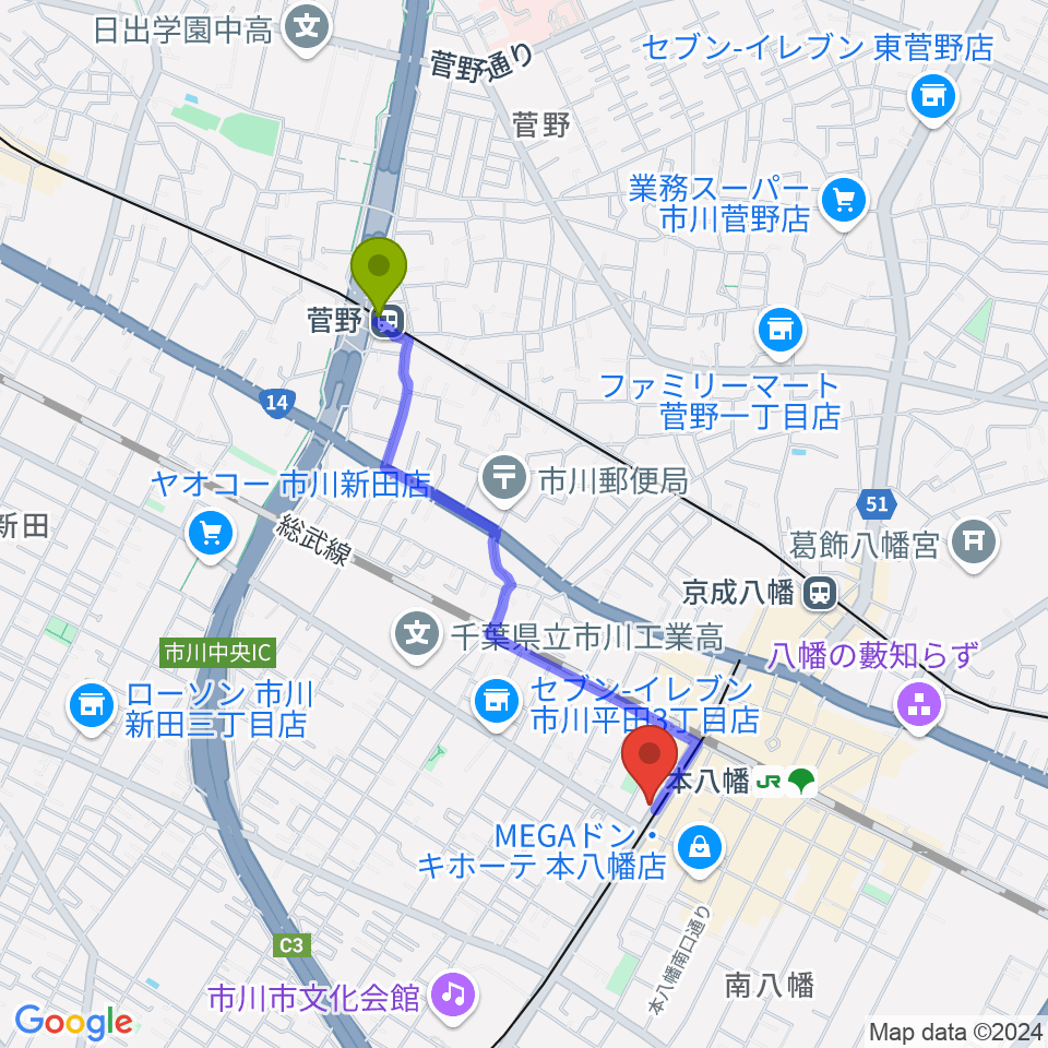 菅野駅からカノン音楽教室 本八幡校へのルートマップ地図