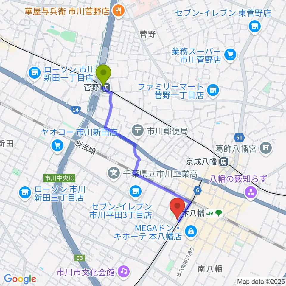 菅野駅からカノン音楽教室 本八幡校へのルートマップ地図