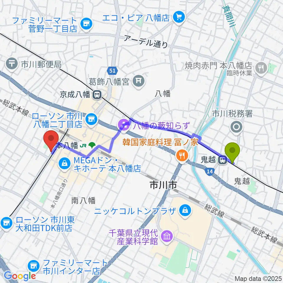 鬼越駅からカノン音楽教室 本八幡校へのルートマップ地図