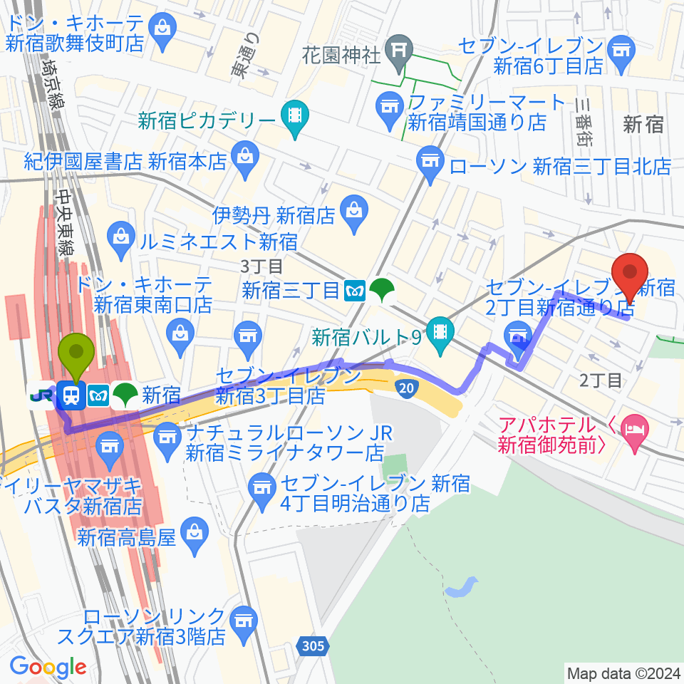 新宿駅から音楽練習場オトレンへのルートマップ地図