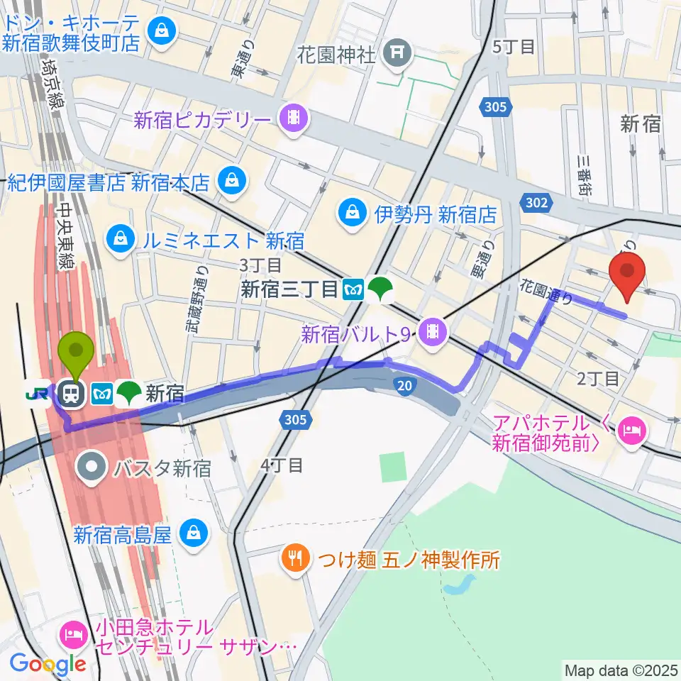 新宿駅から音楽練習場オトレンへのルートマップ地図