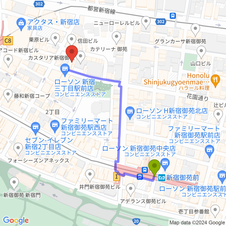 音楽練習場オトレンの最寄駅新宿御苑前駅からの徒歩ルート（約5分）地図
