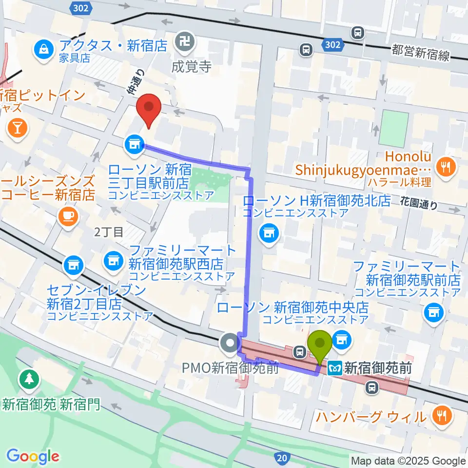 音楽練習場オトレンの最寄駅新宿御苑前駅からの徒歩ルート（約5分）地図