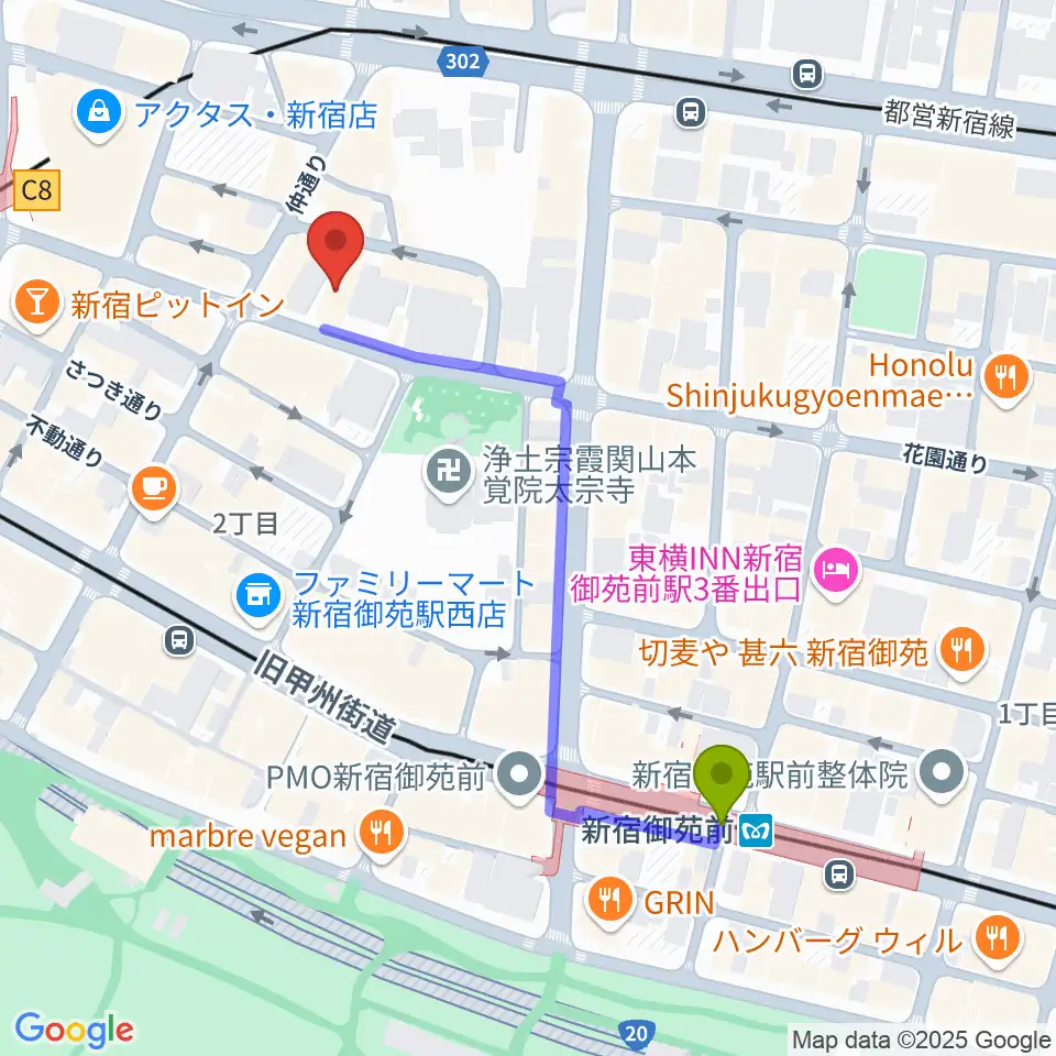 音楽練習場オトレンの最寄駅新宿御苑前駅からの徒歩ルート（約5分）地図