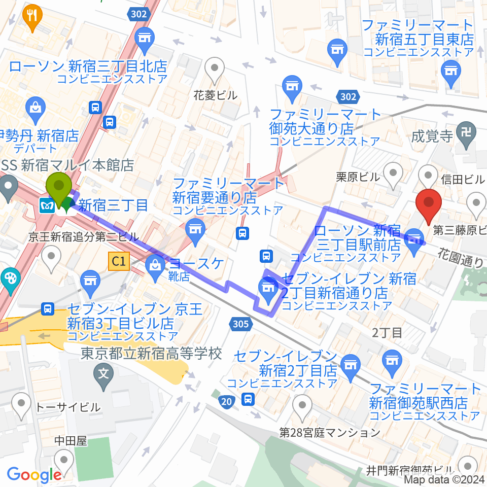 新宿三丁目駅から音楽練習場オトレンへのルートマップ地図