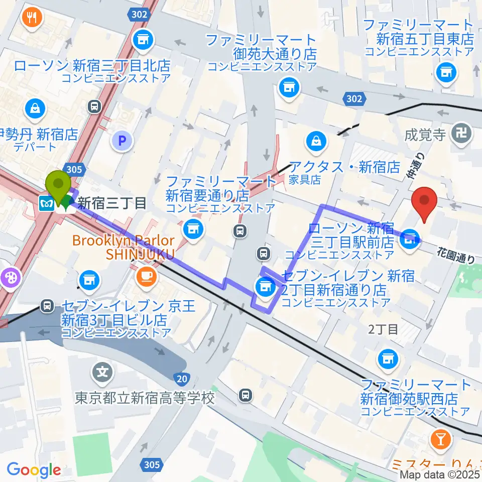 新宿三丁目駅から音楽練習場オトレンへのルートマップ地図