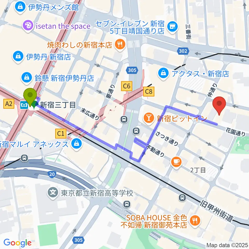 新宿三丁目駅から音楽練習場オトレンへのルートマップ地図