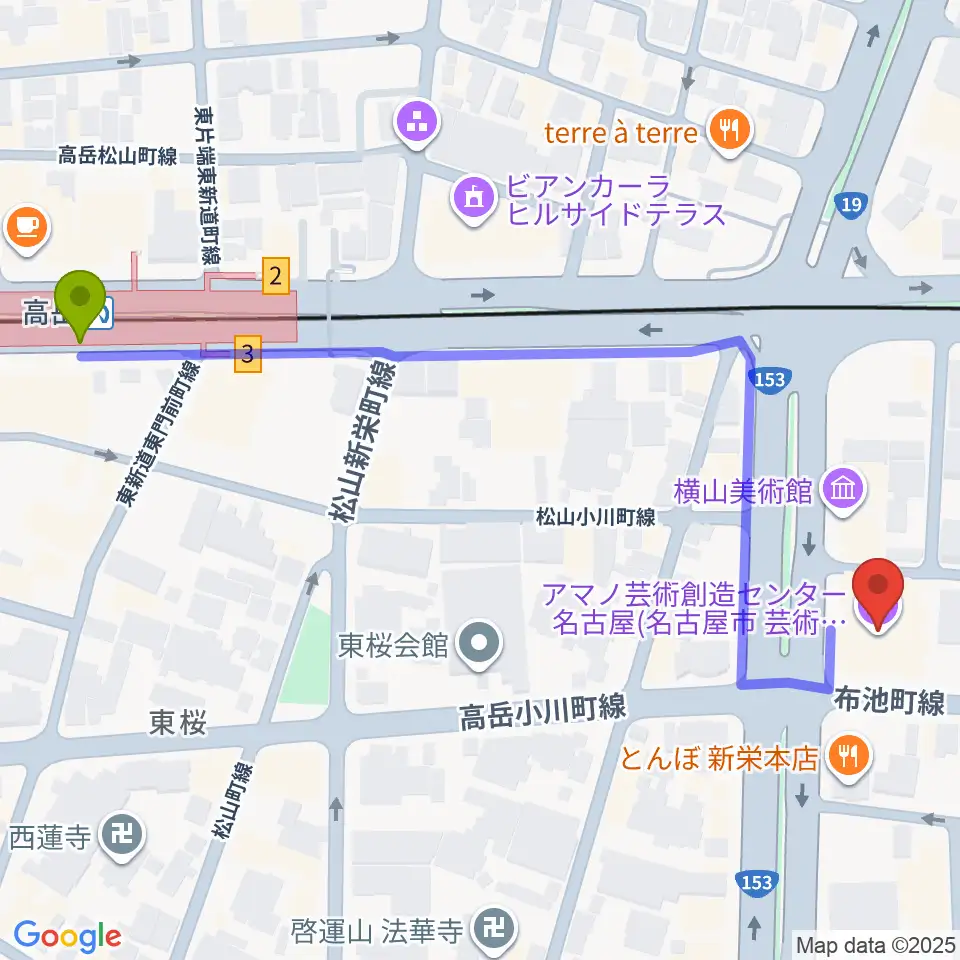 高岳駅からアマノ芸術創造センター名古屋へのルートマップ地図