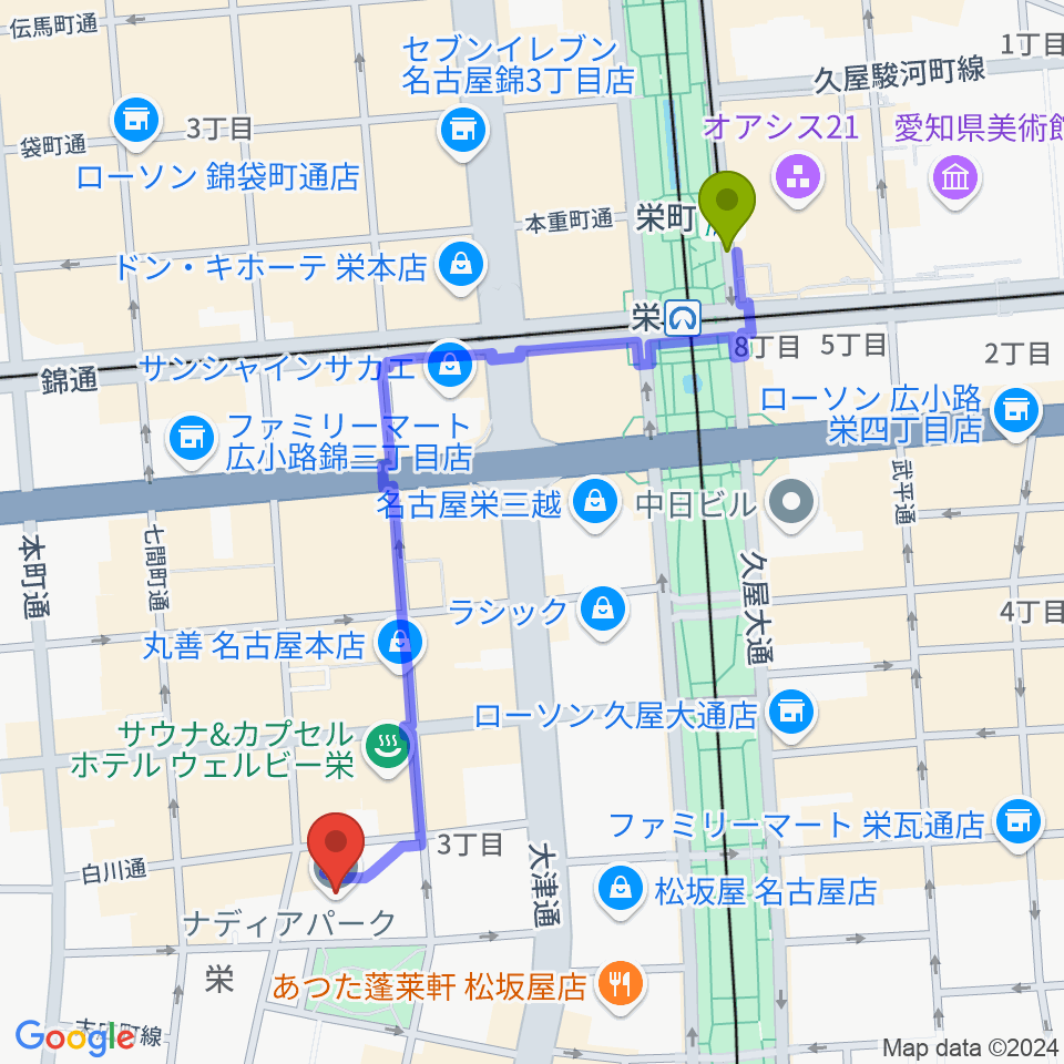 栄町駅から名古屋市青少年文化センター アートピアへのルートマップ地図