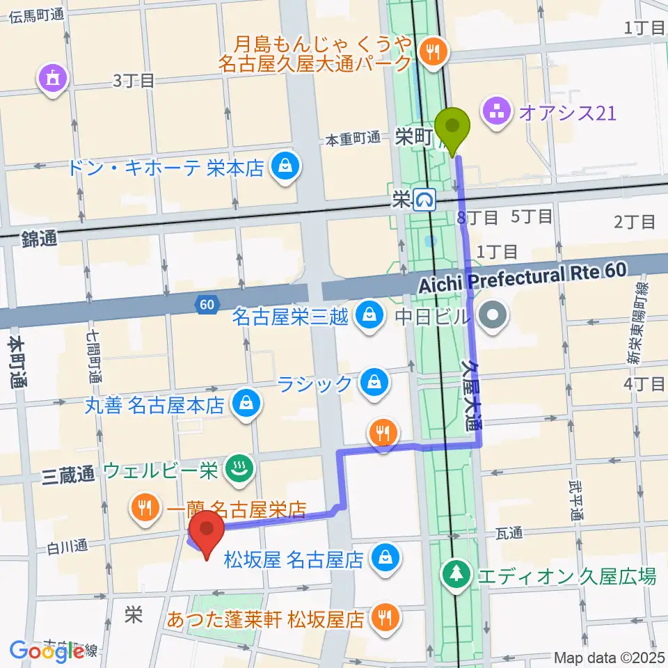 栄町駅から名古屋市青少年文化センター アートピアへのルートマップ地図