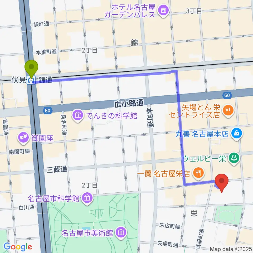 伏見駅から名古屋市青少年文化センター アートピアへのルートマップ地図