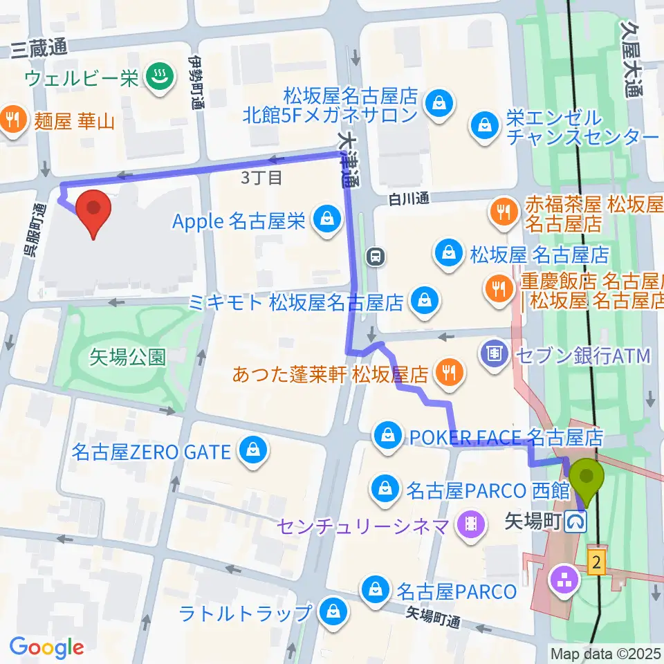 名古屋市青少年文化センター アートピアの最寄駅矢場町駅からの徒歩ルート（約7分）地図