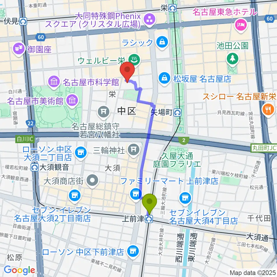 上前津駅から名古屋市青少年文化センター アートピアへのルートマップ地図