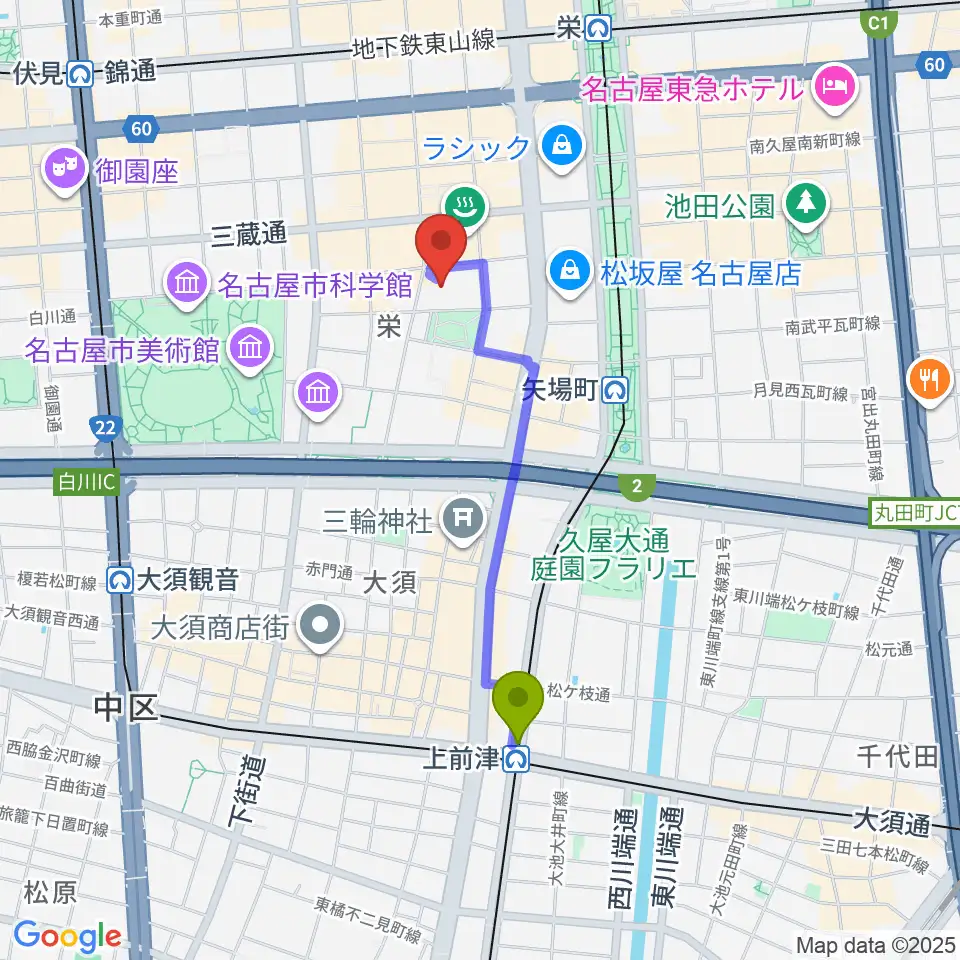 上前津駅から名古屋市青少年文化センター アートピアへのルートマップ地図