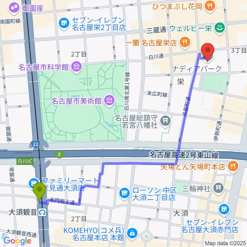 大須観音駅から名古屋市青少年文化センター アートピアへのルートマップ地図