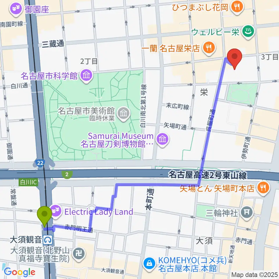 大須観音駅から名古屋市青少年文化センター アートピアへのルートマップ地図