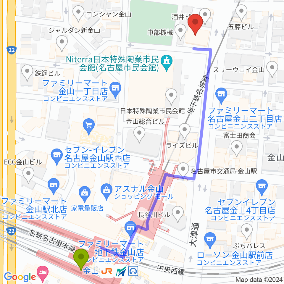 名古屋市音楽プラザの最寄駅金山駅からの徒歩ルート（約7分）地図