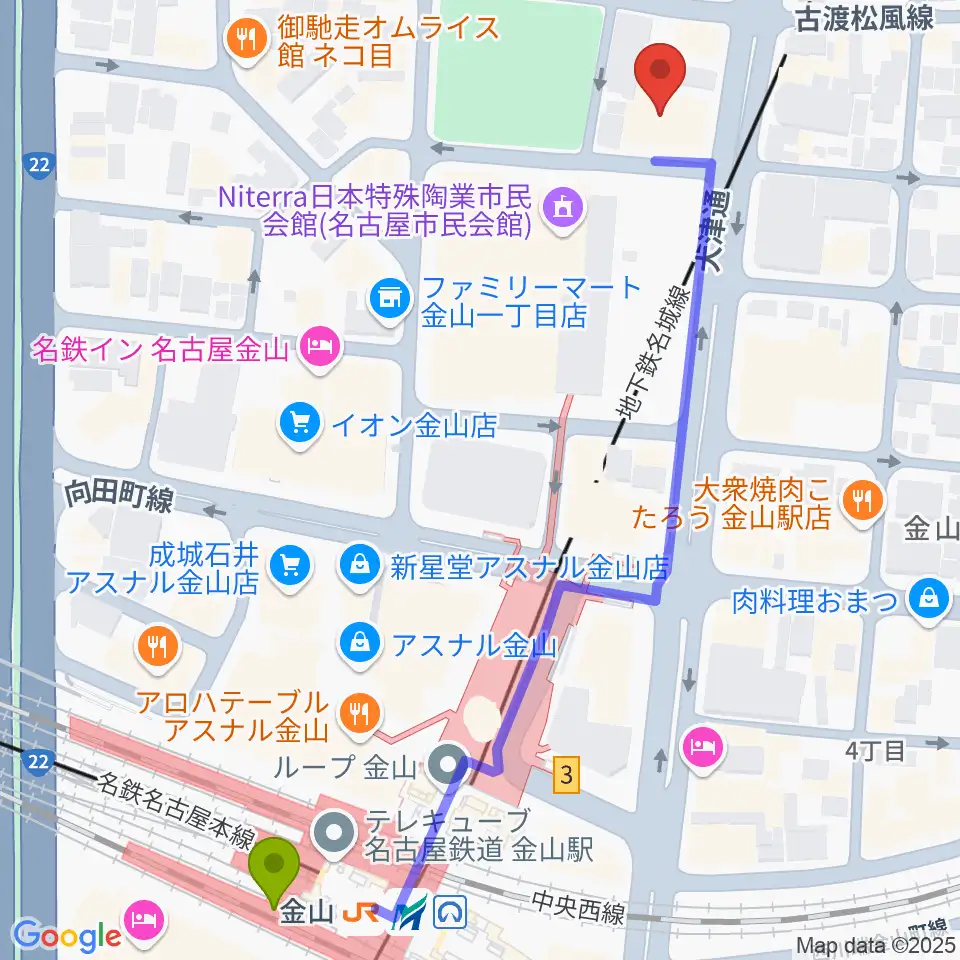 名古屋市音楽プラザの最寄駅金山駅からの徒歩ルート（約7分）地図