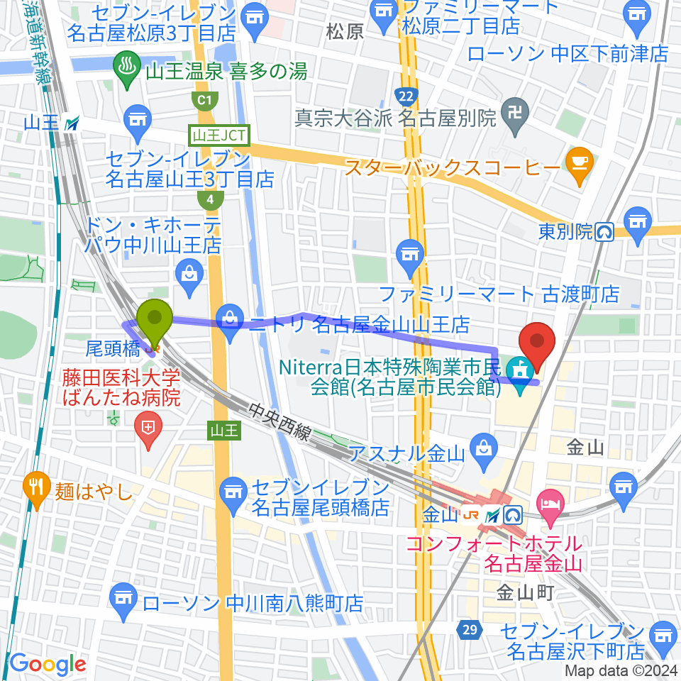 尾頭橋駅から名古屋市音楽プラザへのルートマップ地図