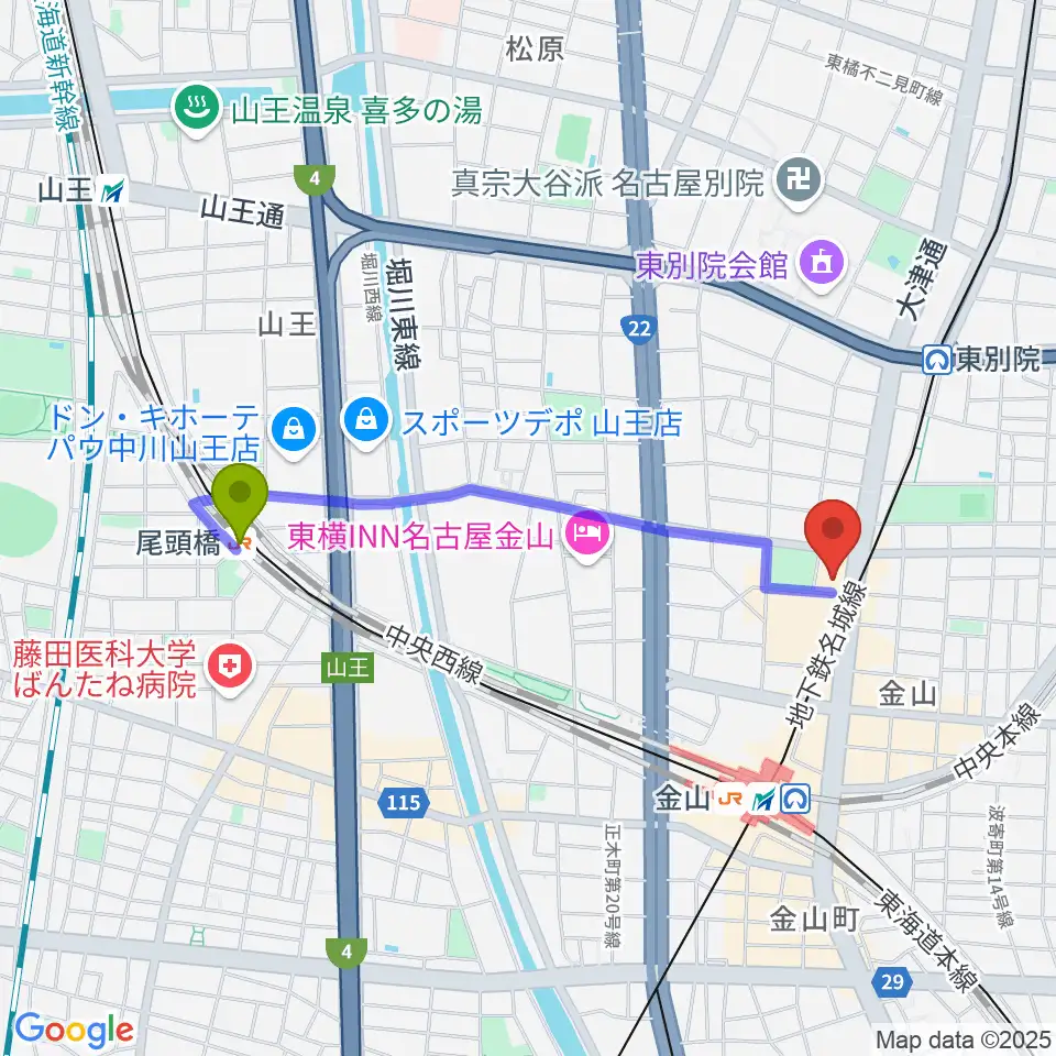 尾頭橋駅から名古屋市音楽プラザへのルートマップ地図