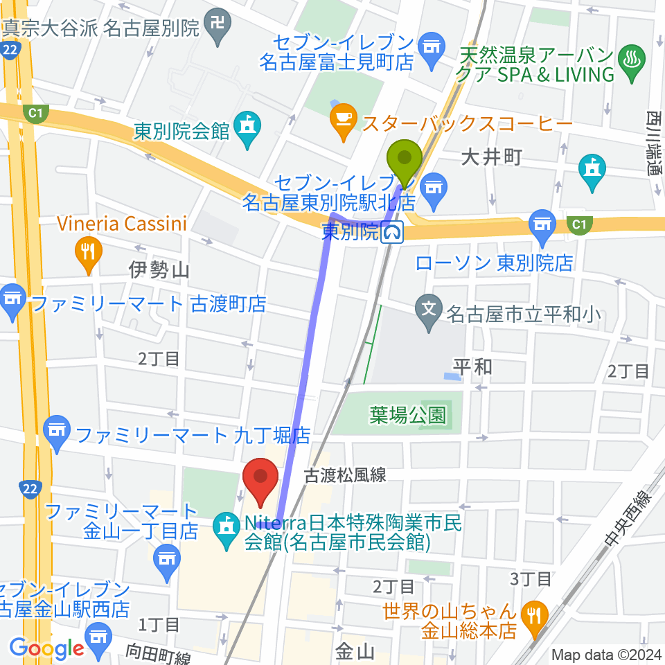 東別院駅から名古屋市音楽プラザへのルートマップ地図