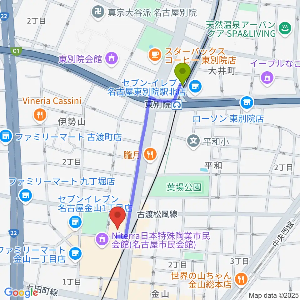 東別院駅から名古屋市音楽プラザへのルートマップ地図