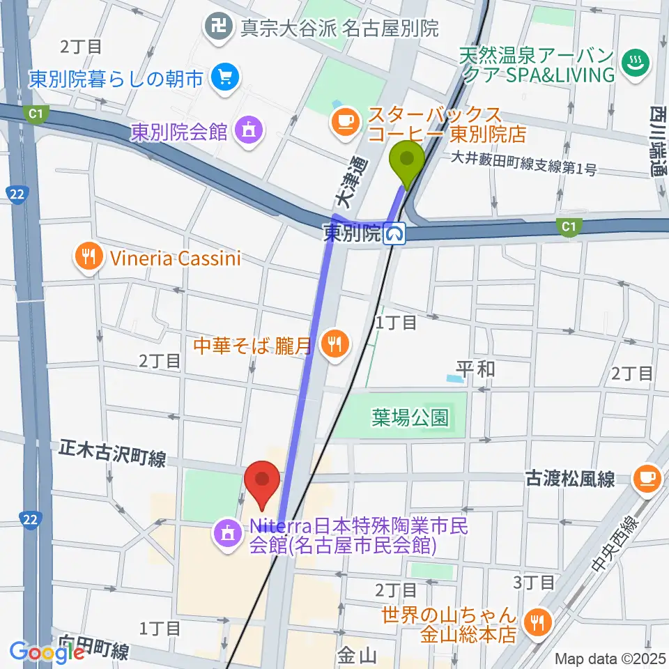 東別院駅から名古屋市音楽プラザへのルートマップ地図