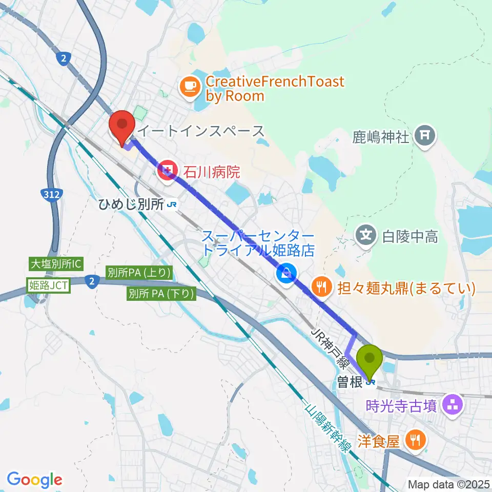 曽根駅から文化堂 イオン姫路別所センターへのルートマップ地図