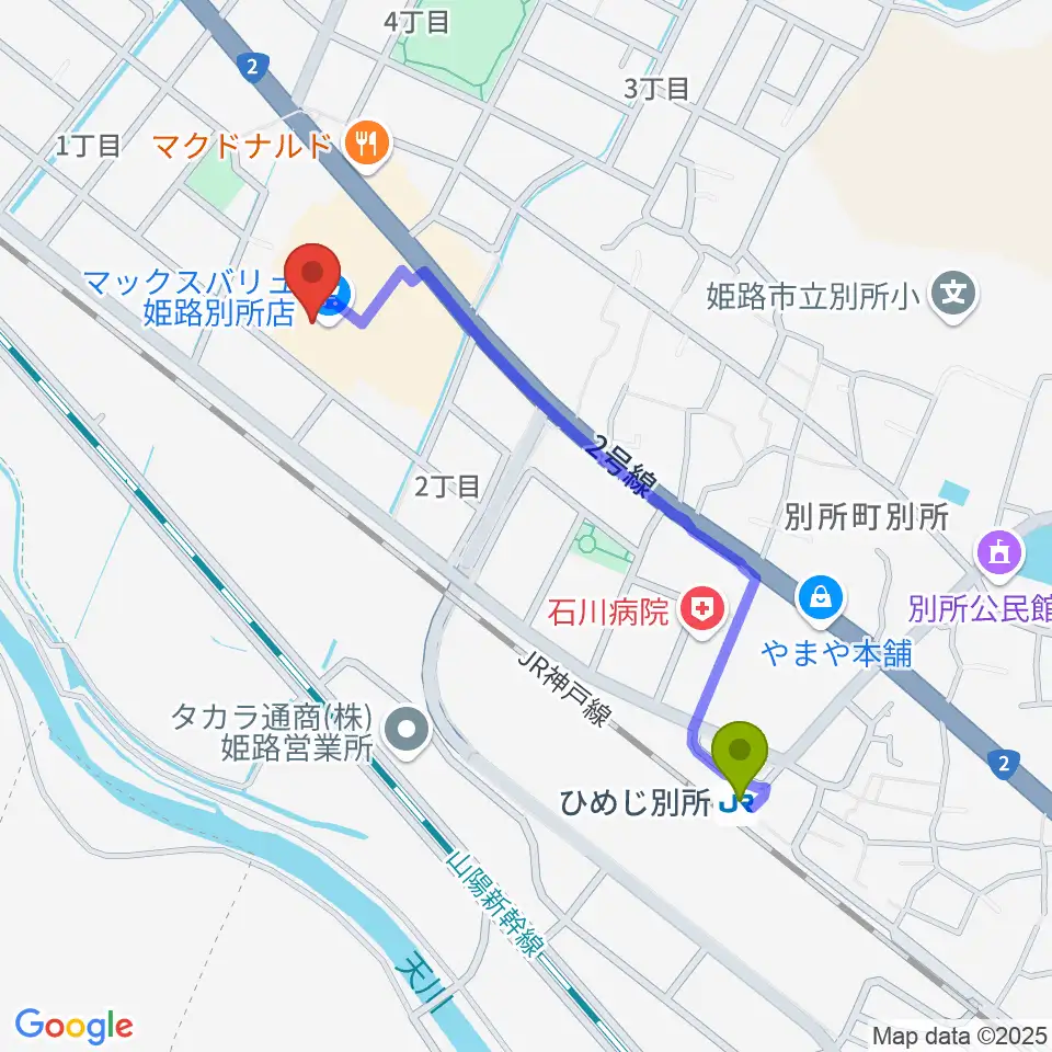 文化堂 イオン姫路別所センターの最寄駅ひめじ別所駅からの徒歩ルート（約10分）地図