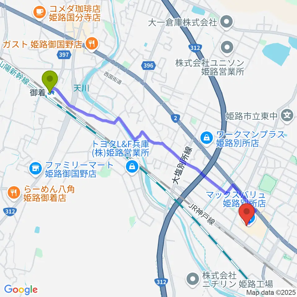 御着駅から文化堂 イオン姫路別所センターへのルートマップ地図