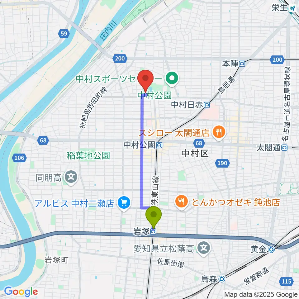 岩塚駅から中村文化小劇場へのルートマップ地図