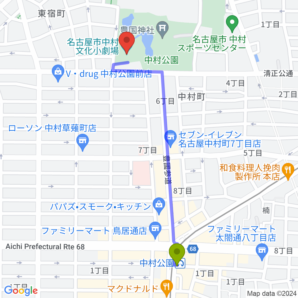 中村文化小劇場の最寄駅中村公園駅からの徒歩ルート（約11分）地図