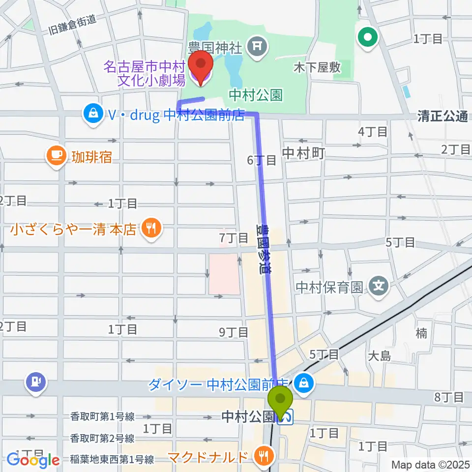 中村文化小劇場の最寄駅中村公園駅からの徒歩ルート（約11分）地図